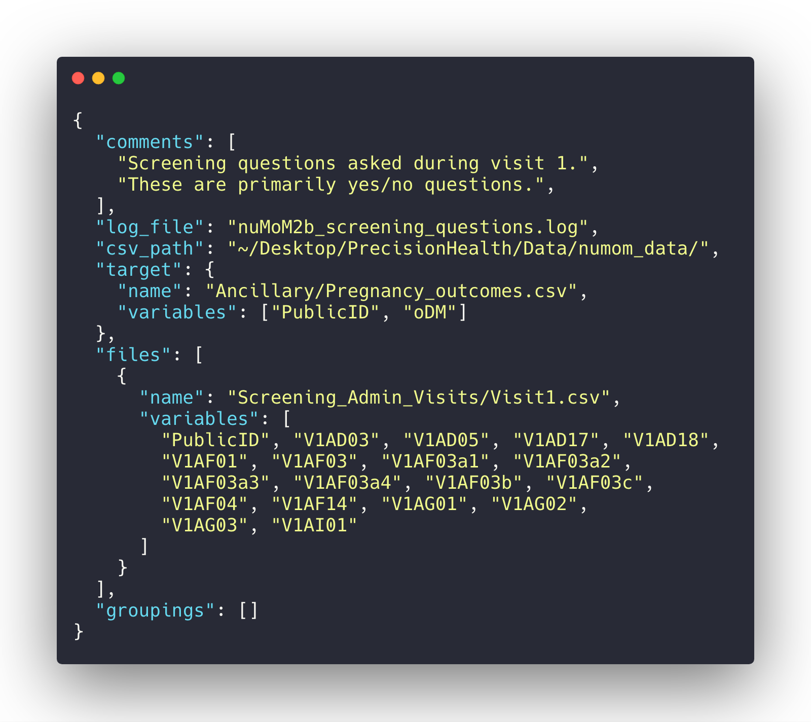 A JSON file showing a path to CSV files, a set of target variables, and a set of files where other variables are defined.